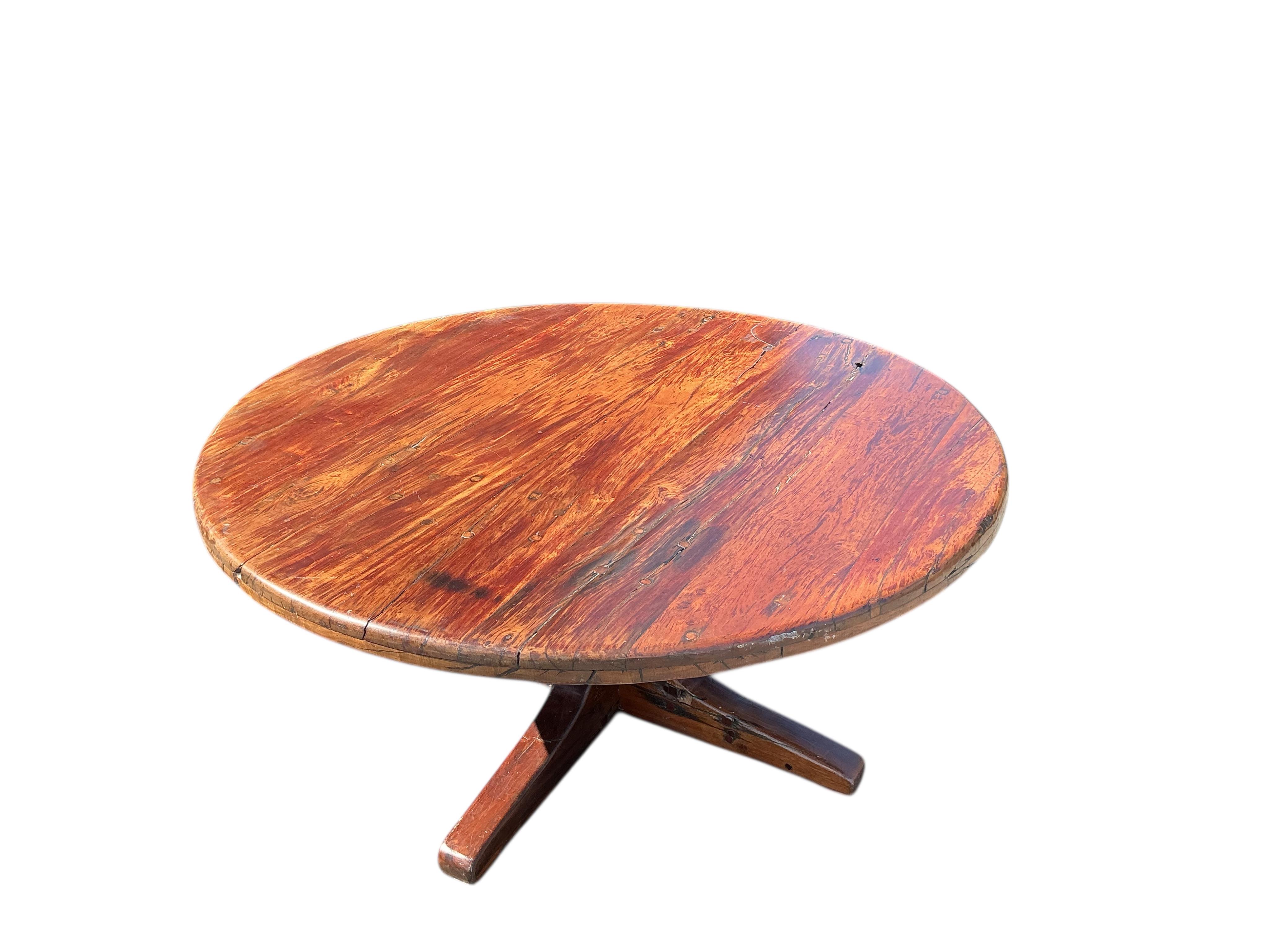 A Zimbabwean reclaimed Jarrah railway sleeper hardwood circular pedestal dining table, diameter 170cm, height 75cm and eight chairs by Rail Antiques, Harare, each piece stamped Rail Antiques